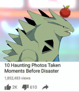 Rule 34 | english text, fake screenshot, fangs, fling (pokemon), gen 2 pokemon, leftovers (pokemon), looking ahead, motion blur, nintendo, pokemon, pokemon (creature), pokemon champions, pun, realbigtigers, solo, tyranitar, upper body
