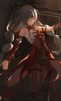 1girl absurdres bare_shoulders black_pantyhose black_skirt breasts closed_eyes closed_mouth commentary dress grey_hair halter_dress halterneck highres long_hair medium_breasts pantyhose phrolova_(wuthering_waves) red_dress shippo_(pixiv_18567314) skirt smile solo tacet_mark_(wuthering_waves) wuthering_waves