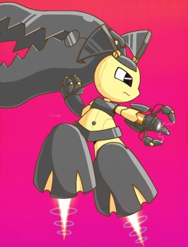 1girl aiming arm_cannon artist_name big_hair black_eyes black_shirt black_skin black_skirt clenched_hand closed_mouth colored_skin crop_top electricity extra_mouth female_focus flat_chest floating full_body fusion gen_3_pokemon gradient_background hand_up highres humanoid_robot jaggy_lines jenny_wakeman leg_up long_hair looking_to_the_side mawaifu mawile mechanization microskirt multicolored_skin my_life_as_a_teenage_robot navel nintendo outstretched_arm pink_background pokemon pokemon_(creature) powering_up robot rocket sharp_teeth shirt sideways_mouth signature simple_background skirt sleeveless sleeveless_shirt solo stomach teeth two-tone_skin weapon yellow_skin