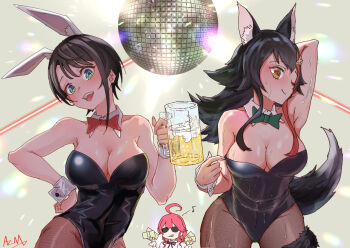 3girls animal_ears arm_up armpits azuma_(azmdraw) backlighting beer_mug black_hair bow bowtie breasts brown_hair cleavage commentary cup detached_collar disco_ball drink green_bow green_bowtie grin hair_ornament hashtag-only_commentary highres hololive large_breasts light_particles liquid long_hair looking_at_viewer mug multicolored_hair multiple_girls one_eye_closed ookami_mio oozora_subaru open_mouth pink_hair playboy_bunny rabbit_ears red_bow red_bowtie rust_(game) sakura_miko short_hair sidelocks signature single_sidelock smile sparkle streaked_hair sunglasses sweat tail upper_body virtual_youtuber wolf_ears wolf_girl wolf_tail wrist_cuffs yellow_eyes