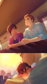 1boy 1girl black_hair blue_shirt blush brown_hair closed_eyes collared_shirt commentary cropped_jacket dispatch english_commentary face_piercing facial_hair hair_between_eyes highres invisigal_(dispatch) jacket lips looking_at_another niahti nose_piercing own_hands_together parted_lips piercing pink_jacket robert_robertson shirt sunlight twitter_username