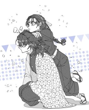 Rule 34 | 1boy, 1girl, acid white, buttons, commentary request, demon slayer uniform, fingernails, full body, greyscale, haori, high collar, highres, jacket, japanese clothes, kikkoumon, kimetsu no yaiba, long hair, low ponytail, monochrome, pants, ponytail, print haori, profile, sandals, snow, socks, spiked hair, tomioka giyuu, tomioka tsutako