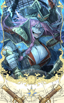 1girl belt blue_eyes braid breasts commentary corset english_commentary epaulettes fate/grand_order fate_(series) francis_drake_(fate) francis_drake_(third_ascension)_(fate) grand_servant_(fate/grand_order) gun hat highres jewelry kankan33333 large_breasts lips long_hair necklace open_mouth pink_hair pirate pirate_hat rain scar ship's_wheel shirt solo very_long_hair weapon wrist_cuffs