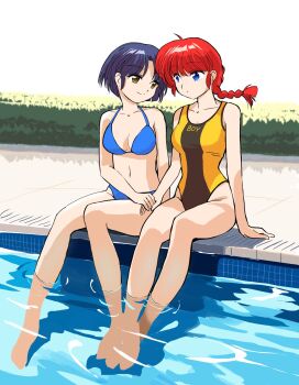 Rule 34 | 2girls, bikini, bloomfielder9, blue bikini, blue eyes, blue hair, brown eyes, closed mouth, commentary request, highres, holding hands, multiple girls, one-piece swimsuit, pale skin, partially submerged, poolside, ranma-chan, ranma 1/2, red hair, short hair, smile, split mouth, swimsuit, tendou akane, yellow one-piece swimsuit, yuri