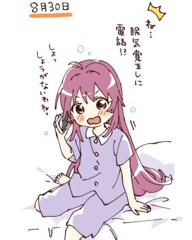 1girl ^^^ ahoge barefoot blush_stickers cellphone collared_shirt contrast_collar foot_out_of_frame hair_down hashtag-only_commentary highres holding holding_phone long_hair namori on_bed open_mouth pajamas phone pillow purple_eyes purple_hair purple_shirt purple_shorts shirt short_sleeves shorts simple_background sitting smartphone solo sugiura_ayano translation_request v-shaped_eyebrows white_background yuruyuri
