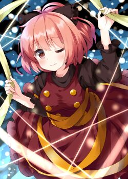 1girl ;) black_ribbon blonde_hair blush breasts closed_mouth commentary_request dress hair_ribbon highres holding kurodani_yamame medium_hair one-hour_drawing_challenge one_eye_closed puffy_sleeves ribbon ruu_(tksymkw) short_hair silk smile solo spider_web touhou yellow_eyes