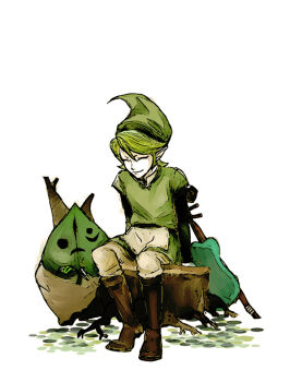 1boy closed_eyes fado_(wind_waker) green_hair hat hosakan_no.2 instrument korok makar mask nintendo pointy_ears sitting the_legend_of_zelda the_legend_of_zelda:_the_wind_waker tree_stump violin