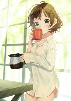 1girl blurry blush bottomless breasts brown_hair buttons cleavage coffee coffee_mug coffee_pot collared_shirt commentary_request covered_mouth cowboy_shot cup curtains depth_of_field dress_shirt female_focus green_eyes highres holding holding_cup indoors long_sleeves looking_at_viewer messy_hair morning mug naked_shirt original shirt short_hair sleeves_past_wrists small_breasts solo table warabimochi_kinako window wooden_table
