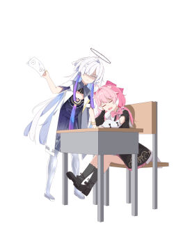 2girls absurdres black_dress book chinese_commentary closed_eyes closed_mouth colored_eyelashes commentary_request desk dress drooling encore_(wuthering_waves) facing_another grey_hair halo head_rest highres holding holding_book jacket leaning_forward mornye_(wuthering_waves) multiple_girls open_mouth pink_hair purple_dress qianbihezhong school_desk see-through_body shaded_face sitting sleeping white_jacket wuthering_waves