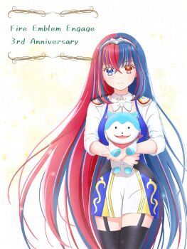 Rule 34 | 1girl, anniversary, bandana, bandana around neck, blue fur, blue hair, commentary request, copyright name, crossed bangs, female alear (fire emblem), fire emblem, fire emblem engage, hair between eyes, heterochromia, highres, hiruhino, long hair, looking at viewer, multicolored hair, nintendo, red bandana, red eyes, red hair, smile, sommie (fire emblem), split-color hair, tiara, two-tone hair, very long hair, white fur