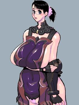 Rule 34 | 1girl, aliasing, apron, areola slip, armor, black hair, blue eyes, blush, breasts, cattleya (queen's blade), curvy, elbow gloves, female focus, flower, glasses, gloves, grey background, hair ornament, housewife, huge breasts, matagitii, mature female, panties, pixel art, ponytail, queen's blade, short hair, sideboob, simple background, solo, standing, underwear