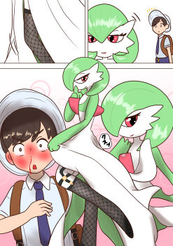1boy 1girl :o absurdres backpack bag blood blush bob_cut brown_eyes brown_hair clothes_lift colored_skin comic dress dress_lift fishnet_thighhighs fishnets florian_(pokemon) gardevoir gen_3_pokemon green_dress green_skin hat highres looking_at_viewer naranja_academy_school_uniform necktie nintendo nosebleed okatanuki_(hsdp4852) pokemon pokemon_(creature) pokemon_sv purple_necktie red_eyes school_uniform seductive_smile sequential short_hair shota smile thighhighs white_dress white_skin