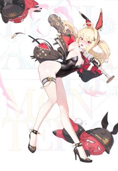 1girl absurdres alternate_costume animal_ears bare_shoulders baseball_bat black_gloves black_helmet black_leotard black_necktie black_shoes blush boar brass_knuckles breasts carrying_over_shoulder character_name colored_eyelashes commentary detached_collar fake_animal_ears fake_tail gloves hair_intakes helmet high_heels highres holding holding_baseball_bat jacket jewelry leotard long_hair looking_at_viewer luciana_de_montefio lucy&#039;s_crew_(zenless_zone_zero) necktie nose_blush off_shoulder ohoo_7am open_clothes open_jacket parted_lips rabbit_ears rabbit_tail red_eyes shiny_skin shoes side_ponytail small_breasts solo spiked_anklet strapless strapless_leotard sweat tail thighlet weapon zenless_zone_zero