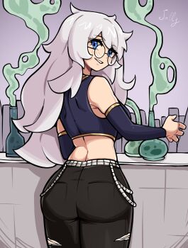 1girl armpit_crease ass bare_shoulders black-framed_eyewear black_pants blue_eyes blue_shirt bottle breasts commentary commission cowboy_shot cropped_shirt detached_sleeves english_commentary from_behind glasses highres long_hair looking_at_viewer looking_back midriff oninuer original pants parted_bangs potion round_eyewear shirt sleeveless sleeveless_shirt smile solo white_hair