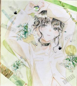 Rule 34 | 1girl, absurdres, alternate costume, alternate hairstyle, amagami, arms up, black choker, black eyes, black hair, blush, choker, closed mouth, collarbone, collared shirt, commentary request, curly hair, earrings, fashion, heart, heart hands, highres, jewelry, long sleeves, looking at viewer, navel, shirt, short hair with long locks, solo, tanamachi kaoru, traditional media, upper body, usurai rairai, wavy hair, white shirt