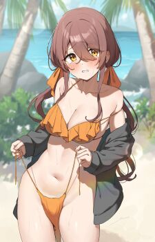 1girl absurdres alternate_costume alternate_hairstyle bare_shoulders bikini black_jacket blurry blurry_background blush breasts brown_hair cleavage collarbone commentary_request groin hair_between_eyes hair_ribbon highres idolmaster idolmaster_shiny_colors jacket jacket_partially_removed looking_at_viewer medium_breasts navel open_clothes orange_bikini osaki_tenka outdoors palm_tree revision ribbon solo standing stomach swimsuit tearing_up tears tree twintails untied_bikini_bottom wanitaroo._(waniwani_panic) wardrobe_malfunction