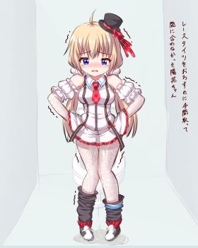 1girl absurdres ahoge bathroom black_hat black_thighhighs blonde_hair blue_eyes blush bow breasts detached_sleeves dot_nose dress getsuyoshi hair_ornament hair_scrunchie hat hat_ribbon highres humiliation idol idol_clothes itsumura_haruka knees_together_feet_apart lace lace_pantyhose lace_sleeves long_hair medium_breasts mini_hat mini_top_hat necktie nose_blush pantyhose pee pee_puddle peeing peeing_self plaid_clothes plaid_necktie plaid_ribbon puddle re:stage! red_bow red_necktie red_ribbon ribbon scrunchie shoes short_dress short_necktie sleeveless sleeveless_dress solo tearing_up thighhighs thighhighs_pull tilted_headwear toilet top_hat translated trembling white_dress white_pantyhose white_scrunchie white_shoes white_sleeves