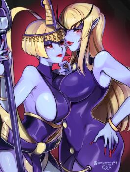 Rule 34 | 2girls, blonde hair, blue skin, bracelet, breasts, colored skin, cowboy shot, crossover, d-ryuu, darkstalkers, dress, eliza (skullgirls), eyeshadow, fingernails, genderswap, genderswap (mtf), hand on own hip, jedah dohma, jewelry, large breasts, lipstick, long fingernails, long hair, looking at viewer, makeup, microphone, microphone stand, multiple girls, nail polish, parted lips, pointy ears, red background, red lips, red nails, sideboob, skullgirls, smile, tiara