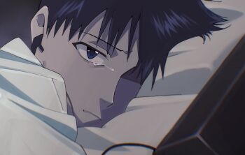 1boy ayu_055 black_hair blue_eyes closed_mouth commentary_request crying crying_with_eyes_open earphones highres ikari_shinji male_focus neon_genesis_evangelion on_bed shirt short_hair solo tears white_shirt