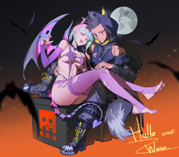1boy 1girl 2025 absurdres bat_(animal) bigroll breasts commentary covered_erect_nipples cyberpunk:_edgerunners cyberpunk_(series) cyborg david_martinez demon_wings detached_sleeves earrings full_moon gradient_background halloween halloween_costume hetero highres hood hood_up jewelry looking_at_viewer lucy_(cyberpunk) medium_breasts moon multicolored_hair nail_polish necklace panties pink_nails pointy_ears purple_panties purple_thighhighs revision signature sitting thighhighs tongue tongue_out torn_clothes torn_thighhighs underwear wings