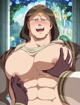 1boy 1other abs bara bare_pectorals blonde_hair commentary commission eddlayer english_commentary fire_emblem fire_emblem:_three_houses fire_emblem_heroes grabbing_another&#039;s_pectorals highres hood hood_up huge_pectorals kiran_(fire_emblem) male_focus muscular muscular_male nintendo nipple_stimulation nipple_tweak nipples official_alternate_costume open_mouth pectorals raphael_kirsten raphael_kirsten_(plegian) second-party_source solo_focus yellow_eyes