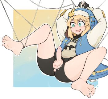 1boy absurdres androgyne_symbol ass bare_legs barefoot bdsm bike_shorts black_skirt blonde_hair blue_background blue_hoodie blush bondage border bound bridget_(guilty_gear) commentary embarrassed english_commentary erection feet fingerless_gloves full_body gloves gradient_background green_eyes guilty_gear guilty_gear_strive habit highres hood hoodie legs looking_down male_focus medium_hair microskirt open_mouth penis pleated_skirt shorts sidelocks skirt softhanten soles solo spread_legs suspension teeth testicles thighs toes torn_clothes torn_shorts trap uncensored upper_teeth_only white_border white_sleeves yellow_background