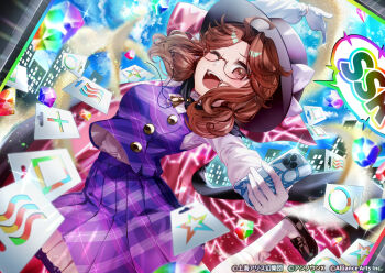 1girl :d black_cape black_hat brown_eyes brown_hair cape cellphone commentary_request gloves hat highres ishikawa_sparerib loafers long_sleeves looking_at_viewer low_twintails medium_hair official_art one_eye_closed open_mouth phone plaid_clothes plaid_skirt plaid_vest pleated_skirt purple_skirt purple_vest semi-rimless_eyewear shirt shoes skirt smartphone smile socks solo touhou touhou_danmaku_kagura twintails usami_sumireko vest white_gloves white_shirt white_socks