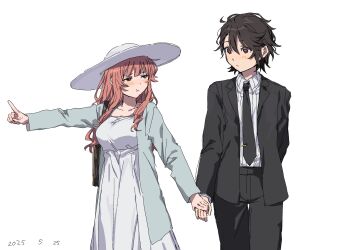 Rule 34 | 2girls, black jacket, black necktie, black pants, black suit, blonde hair, blush, breasts, collared shirt, crossdressing, crossdressing (ftm), dated, dress, formal clothes, highres, jacket, koishikawa iko, large breasts, long hair, looking at another, momijiyama teru, multiple girls, necktie, pants, pointing, red eyes, shirt, short hair, shy (series), striped clothes, striped shirt, suit, sundress, takatisakana, white background, white dress, white shirt