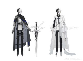 Rule 34 | 2boys, absurdres, armor, arms at sides, belt, belt collar, black cloak, black collar, black gloves, black hair, black jacket, black pants, black shirt, black shoes, blue eyes, borrowed character, cape, capelet, cheek piercing, chinese commentary, cloak, closed mouth, collar, commission, corset piercing, couter, cross, cross fleury, cross print, curtained hair, expressionless, face piercing, facial tattoo, feather boa, flame tattoo, full body, gauntlets, gloves, greatsword, grey belt, grey cloak, hair between eyes, highres, jacket, latin cross, long sleeves, look-alike, looking at viewer, male focus, mao mao wansui, medium hair, multicolored hair, multiple boys, original, pants, pauldrons, piercing, pleated sleeves, reference sheet, sabaton, sample watermark, shirt, shoes, shoulder armor, side cape, simple background, single pauldron, single sidelock, sleeve cuffs, smile, split-color hair, standing, straight-on, sword, tabard, tassel, tattoo, thigh strap, turtleneck, two-sided cloak, two-sided fabric, two-sided jacket, two-tone hair, watermark, weapon, weibo watermark, white background, white cape, white capelet, white hair, white jacket, white shoes, white tabard, yao mujing, yao muxuan, zipper pull tab