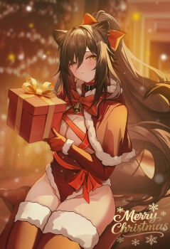 1girl absurdres animal_ears arknights bell blurry blurry_background blush bow bowtie box breasts bright_pupils brown_hair capelet cat_ears cat_girl chinese_commentary christmas christmas_present christmas_tree cleavage commentary_request depth_of_field full_body fur-trimmed_capelet fur-trimmed_thighhighs fur_trim gift gift_box gloves hair_between_eyes hair_bow highres holding holding_gift indoors large_breasts leotard long_hair long_sleeves looking_at_viewer merry_christmas okfin3_(sogoodman4396) parted_lips raised_inner_eyebrows red_bow red_bowtie red_gloves red_leotard red_ribbon red_thighhighs ribbon santa_costume schwarz_(arknights) sitting solo thighhighs very_long_hair wariza yellow_eyes