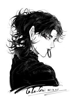 1boy absurdres adjusting_hair cropped_shoulders curly_hair dated expressionless greyscale hair_tie_in_mouth highres kagurabachi looking_at_viewer looking_to_the_side male_focus messy_hair monochrome mouth_hold short_eyebrows sideways_glance signature simple_background solo spot_color uruha_youji whalebone_1022