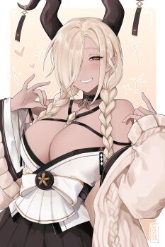 Rule 34 | 1girl, azur lane, bare shoulders, black skirt, braid, breasts, brown horns, cleavage, coat, commentary request, cowboy shot, hair over one eye, helot, highres, horns, large breasts, long hair, long sleeves, miniskirt, open clothes, open coat, owari (azur lane), pleated skirt, pointy ears, simple background, skirt, solo, twin braids, very long hair