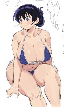 arato_nagi arm_support bikini black_hair blue_bikini blue_eyes breasts cleavage curvy denpatou highres long_hair ruri_no_houseki simple_background sketch swimsuit white_background wide_hips