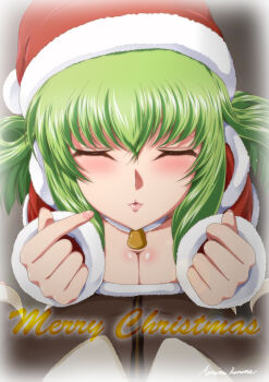 1boy 1girl artist_name bell breast_press breasts c.c. choker cleavage closed_eyes code_geass commentary_request english_text fur_trim green_hair hair_between_eyes hat highres incoming_kiss jingle_bell kaname_aomame large_breasts leaning_forward long_hair pom_pom_(clothes) pov puckered_lips pursed_lips santa_costume santa_hat