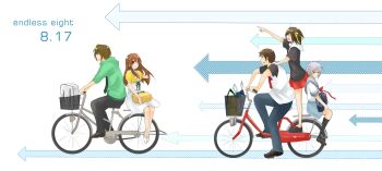 Rule 34 | 2boys, 3girls, arrow (symbol), asahina mikuru, bag, bicycle, brown hair, casual, dress, endless eight, flats, from side, green necktie, hand on shoulder, hood, hood down, hoodie, koizumi itsuki, kyon, legs together, long hair, multiple boys, multiple girls, multiple riders, nagato yuki, necktie, open mouth, outstretched arm, pants, pointing, riding, school uniform, serafuku, shirase (azure), sidesaddle, silver hair, standing, suzumiya haruhi, suzumiya haruhi no yuuutsu