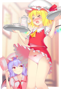 >_< 2girls ascot assisted_exposure bat_wings blonde_hair blue_hair blurry blurry_background blush bow bow_panties brooch closed_eyes clothes_lift collared_shirt commentary_request commission crotch_seam crystal cup electric_fan embarrassed flandre_scarlet frilled_skirt frilled_sleeves frills frown hat holding holding_tray indoors jewelry looking_at_another medium_hair miniskirt mob_cap mocchisake multiple_girls open_mouth panties partial_commentary pink_headwear pink_shirt red_ascot red_eyes red_skirt remilia_scarlet shirt short_sleeves siblings sisters skeb_commission skirt skirt_lift skirt_set smile standing teacup teapot touhou tray underwear white_headwear white_panties white_shirt wind wind_lift wings yellow_ascot