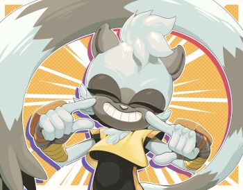 1girl absurdres adam_bryce_thomas animal_ears black_bodysuit bodysuit closed_eyes fingerless_gloves furry furry_female gloves grin highres orange_background pointing shirt short_sleeves smile solo sonic_(series) tail tangle_the_lemur teeth two-tone_background upper_body white_background yellow_shirt