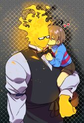 1boy 1other age_difference ahoge arm_at_side black-framed_eyewear black_bow black_bowtie black_vest blue_sweater bow bowtie brown_hair brown_shorts buttons carrying carrying_person closed_eyes colored_skin commentary_request denim denim_shorts drop_shadow faceless faceless_male fire frisk_(undertale) full_body glasses grey_background grillby heart highres kiss kissing_cheek long_sleeves naoki_(oosuko) other_with_male patterned_background pink_sweater rectangular_eyewear shirt short_hair short_shorts shorts simple_background size_difference striped_clothes striped_sweater sweater traditional_bowtie turtleneck turtleneck_sweater two-tone_sweater u_u undertale upper_body utdr_(toby_fox) vest white_shirt yellow_skin