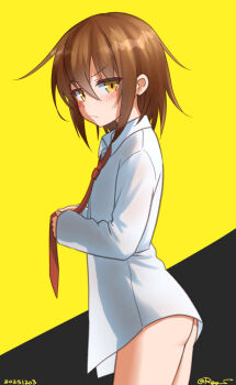 1girl black_background blush brown_eyes brown_hair commentary_request cowboy_shot dated kantai_collection long_sleeves naked_shirt necktie no_panties one-hour_drawing_challenge ray.s shirt short_hair smile solo twitter_username wakaba_(kancolle) white_shirt yellow_background