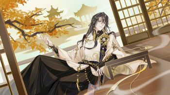 1boy absurdres architecture autumn_leaves bead_bracelet beads black_bridal_gauntlets black_hair black_hanfu black_sash bracelet branch bridal_gauntlets chinese_clothes chinese_commentary closed_mouth curtained_hair dutch_angle earrings east_asian_architecture feet_out_of_frame gem gongzi_xiyu hair_between_eyes hand_up hanfu head_chain highres hua_yi_shanxin_zhiyue jacket jewelry leaf lips long_hair long_sleeves looking_to_the_side male_focus mole mole_under_eye on_floor pearl_(gemstone) pinstripe_pattern reclining sash sliding_doors smoke solo table tareme tassel tassel_earrings waist_sash white_jacket wide_sleeves wooden_floor xuan_xingqi yaopei yellow_eyes