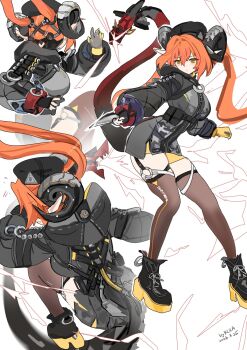Rule 34 | 1girl, ammunition, asymmetrical gloves, black gloves, black hat, black horns, black shoes, breasts, brown thighhighs, commentary, curled horns, dress, fingerless gloves, gloves, green eyes, gun, hair between eyes, hat, highres, holding, holding knife, horns, kkkula (kula), knife, large breasts, long hair, magus (zenless zone zero), mechanical horns, mechanical tail, mismatched gloves, multiple views, orange hair, orange pupils, orphie magnusson, pointy ears, shoes, single fingerless glove, tail, thighhighs, twintails, untranslatable commentary, weapon, white background, yellow gloves, zenless zone zero, zipper dress