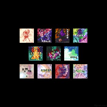 6+girls album_cover black_background collage commentary cover derivative_work double_dealing_character embodiment_of_scarlet_devil flandre_scarlet hidden_star_in_four_seasons hijiri_byakuren houraisan_kaguya imperishable_night junko_(touhou) legacy_of_lunatic_kingdom lowres matara_okina mountain_of_faith multiple_girls nishida_satono perfect_cherry_blossom phantasmagoria_of_flower_view pixel_art pixel_zima reiuji_utsuho saigyouji_yuyuko shiki_eiki silhouette simple_background subterranean_animism sukuna_shinmyoumaru teireida_mai ten_desires touhou toyosatomimi_no_miko undefined_fantastic_object video_game_cover_redraw yasaka_kanako