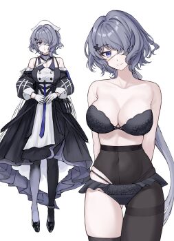 1girl absurdres arknights bare_shoulders black_bra black_dress black_pantyhose bra breasts cleavage closed_mouth commentary covered_navel dress eyepatch gluteal_fold gongbangmanchi_(daisy_cutter) grey_hair highres large_breasts layered_dress long_hair looking_at_viewer medical_eyepatch pantyhose puffy_sleeves purple_eyes simple_background single_leg_pantyhose skindentation smile thigh_gap thighs underwear whisperain_(arknights) white_background