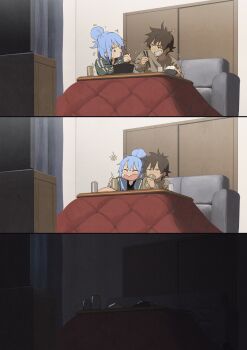 1boy 1girl absurdres aqua_(konosuba) barefoot blue_hair blush breasts brown_hair chopsticks contemporary couch green_sweater grin hair_bun highres holding holding_chopsticks implied_sex indoors izawa_(bhive003) kono_subarashii_sekai_ni_shukufuku_wo! kotatsu long_hair long_sleeves satou_kazuma sitting smile sweater table teeth translation_request watching_television