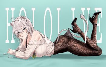 1girl ahoge alternate_costume animal_ear_piercing animal_ears arched_back ass bare_shoulders black_pantyhose black_shoes blush breasts closed_mouth collarbone commentary_request copyright_name feet feet_up floral_print_pantyhose from_side grey_background grey_eyes grey_hair grey_tail hair_between_eyes head_rest high-waist_pantyhose high_heels highres hololive hooked_on_heel lace_pantyhose lace_pantyhose_hooked_on_heel_(meme) large_breasts legs legs_up lion_ears lion_girl lion_tail long_hair long_sidelocks long_sleeves looking_at_viewer lying meme off-shoulder_sweater off_shoulder on_stomach open-toe_shoes pantyhose pantyhose_tug piercing see-through_pantyhose shishiro_botan shoes sidelocks simple_background solo strappy_heels sweater tail the_pose virtual_youtuber white_sweater zexalmike