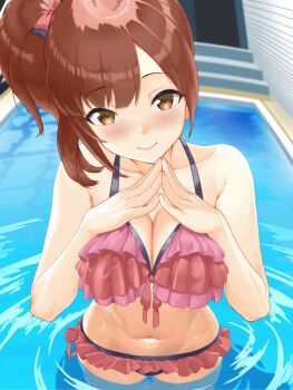 1girl bikini blush breasts brown_eyes brown_hair cleavage closed_mouth commentary_request cowboy_shot fascinate_kyrie frilled_bikini frills highres idolmaster idolmaster_cinderella_girls igarashi_kyoko looking_at_viewer medium_breasts navel own_hands_together pink_bikini pool side_ponytail smile solo standing steepled_fingers swimsuit wading