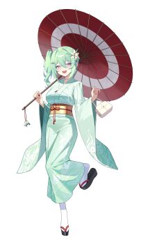 1girl absurdres bag breasts charm_(object) chico_(yuzuha_riko) double-parted_bangs foot_up full_body g_godocbaek green_hair green_kimono hair_between_eyes hair_ornament hairclip handbag hands_up hashtag-only_commentary highres holding holding_umbrella japanese_clothes kanzashi kimono large_breasts long_sleeves looking_at_viewer medium_hair obi oil-paper_umbrella open_mouth parallel_hairclips sandals sash side_ponytail simple_background smile solo standing standing_on_one_leg stellive tabi umbrella virtual_youtuber white_background wide_sleeves yuzuha_riko