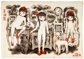 10s 2016 3girls animal black_eyes black_hair blush bonsai bow braid chest_of_drawers cleft_of_venus clock collarbone crystal cup dog flat_chest fractal_underground_studio hair_bow kneehighs loli long_hair looking_at_viewer mary_janes multiple_girls navel nipples nude original poodle pussy red_bow red_shoes shelf shoes sitting smile socks standing teapot tree twin_braids uncensored vase white_socks