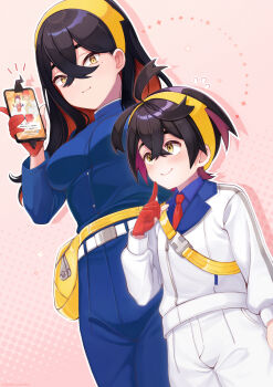 1boy 1girl belt belt_buckle black_hair blue_jacket blue_pants blue_shirt breasts brother_and_sister buckle buttons carmine_(pokemon) collared_shirt colored_inner_hair commentary_request crossed_bangs fanny_pack fukaya_miku gen_4_pokemon gloves hair_between_eyes hairband hand_up highres holding holding_phone jacket kieran_(pokemon) long_hair meta multicolored_hair necktie nintendo pants partially_fingerless_gloves phone pokemon pokemon_masters_ex pokemon_sv red_gloves red_necktie rotom rotom_phone shirt shorts siblings strap white_belt white_jacket white_shorts yellow_bag yellow_eyes yellow_hairband