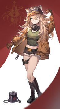 1girl absurdres animal_ear_headwear arm_up aviator_cap black_boots blonde_hair blue_eyes boots breasts brown_gloves brown_hat brown_jacket brown_shorts canteen character_name cleavage closed_mouth curtains fake_animal_ears full_body gloves goggles goggles_on_headwear green_shirt hat highres impossible_clothes impossible_shirt jacket knee_boots large_breasts lilya_(reverse:1999) long_hair looking_at_viewer mask mask_around_neck midriff mr.shizi navel open_clothes open_jacket oxygen_mask pouch reverse:1999 shirt shorts smile solo standing thigh_pouch white_background